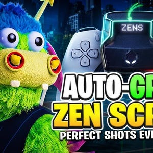 May include: A fuzzy green monster character with blue hair and pink accents stands next to a white game controller and a black ZENS device. The image features the text AUTO-GREEN ZEN SCRIPT and PERFECT SHOTS EVERY TIME, with Xbox and PlayStation logos.