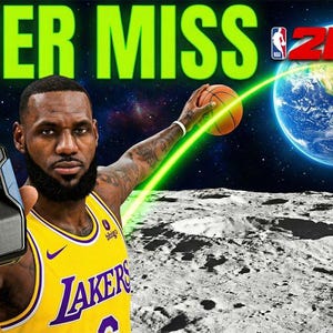 Peut inclure: Image numérique avec un joueur de basket-ball en maillot jaune des Lakers tenant un ballon et un appareil futuriste. L'arrière-plan montre la Terre et la lune, avec le texte "NEVER MISS 2K26" en vert.