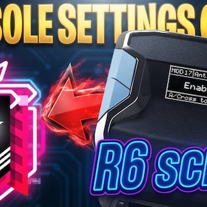 May include: A black gaming controller adapter with a digital screen displaying MOD 17 Anti-Recoil Enabled and A/Cross to Adjust. The text CONSOLE SETTINGS GUIDE and R6 script appear alongside a neon pink and white rank emblem with a star.