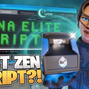Pode incluir: Um dispositivo eletrônico preto e azul com um logotipo brilhante segurado em frente a uma interface digital exibindo o texto LUNA ELITE SCRIPT e BEST ZEN SCRIPT. A tela mostra uma janela de compilador de software com erro de sintaxe.