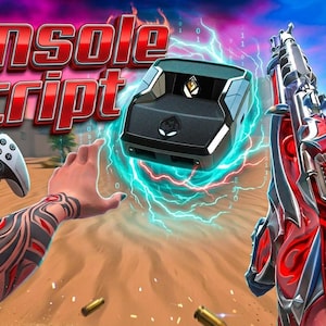 Pode incluir: Gráfico com tema de jogos com o texto "Console Script" em vermelho e branco. A imagem apresenta um controle de jogo em preto e branco, um dispositivo preto futurista e um rifle vermelho e prateado. O fundo mostra uma paisagem desértica.
