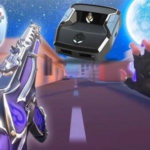 Puede incluir: Imagen de temática gaming con un mando, un arma futurista con detalles morados y un dispositivo negro con el logo de Alienware. Una mano con un guante negro emite un brillo azul, sobre un cielo nocturno con una gran luna.