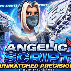 May include: A digital art image featuring a character with angel wings and a face mask, holding a futuristic device and a silver weapon. The text "ANGELIC SCRIPT" and "UNMATCHED PRECISION" are prominently displayed, with "V1" in red.