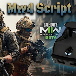 Peut inclure: Un adaptateur de manette de jeu noir avec des accents latéraux bleus et un petit écran numérique affichant le texte Mw4 Script. L'appareil présente un logo central lumineux et est présenté sur un fond avec deux soldats et la marque Call of Duty.
