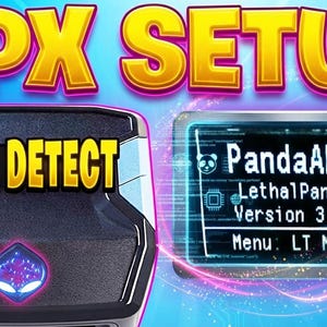 Peut inclure: Un appareil électronique noir avec un emblème violet lumineux et le texte AUTO DETECT, à côté d'un écran numérique affichant PandaAPX, LethalPanda Version 3.00 et Menu: LT Menu, sur un fond bleu vif avec le texte APX SETUP.