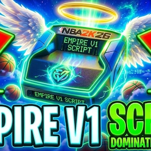 Puede incluir: Un gráfico digital que presenta un dispositivo central azul y negro etiquetado como NBA 2K26 EMPIRE V1 SCRIPT con alas de ángel blancas y un halo amarillo brillante. El fondo muestra balones de baloncesto naranjas, flechas verdes y texto.