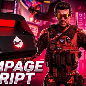 Può includere: Un dispositivo elettronico nero e rosso con un logo bianco luminoso, posizionato accanto a un'illustrazione digitale di un soldato tattico in equipaggiamento rosso e nero. Il testo RAMPAGE SCRIPT è visualizzato in grandi lettere bianche.