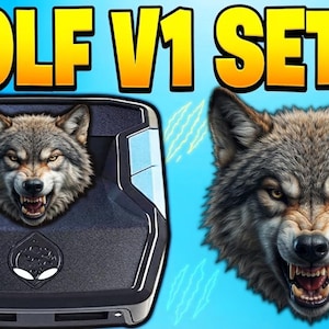 Könnte beinhalten: Ein schwarzes elektronisches Gerät mit strukturierter Oberfläche und einer Grafik eines knurrenden Wolfskopfes, mit dem Text WOLF V1 SETUP in großen gelben Buchstaben vor einem hellblauen Hintergrund mit hellblauen Krallenspuren und Pfotenabdrücken.