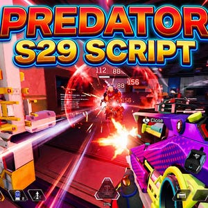 Pode incluir: Uma captura de tela dinâmica de um videogame com o texto "PREDATOR S29 SCRIPT" em letras coloridas e em negrito. A interface do jogo mostra barras de saúde, um mapa e detalhes de armas. A ação intensa é retratada com explosões de energia e uma arma futurista.