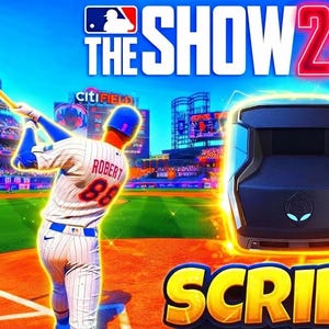 Peut inclure: Un graphique numérique pour MLB The Show 26 montrant un joueur de baseball en uniforme rayé blanc avec le nom ROBERT et le numéro 88 au dos, frappant une balle dans un stade. Une console de jeu noire avec un logo bleu brillant est affichée.