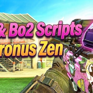 Puede incluir: Un dispositivo Cronus Zen mostrado en un entorno de videojuego con un arma de patrón rosa en primer plano. El texto Bo1 & Bo2 Scripts Cronus Zen está superpuesto en letras grandes rosas y amarillas sobre un fondo de edificio exterior brillante.