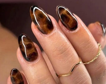 Schildpadbruine herfstnagels, Luxe Amberbruine Gel Nagelset, Amandelvormige nagels, Herfstnagels
