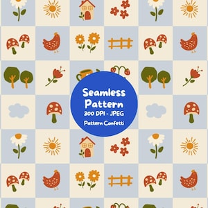 May include: A seamless pattern featuring a grid of light blue and cream squares decorated with illustrations of houses, suns, flowers, chickens, mushrooms, trees, fences, and clouds. A blue circle in the center displays the text Seamless Pattern 300 DPI - JPEG Pattern Confetti.