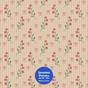 Coquette Floral Stripe Seamless Pattern, Cottagecore Bow Digital Paper, Vintage Botanical Fabric Print JPG