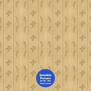 Pode incluir: Um padrão sem costuras com um fundo castanho claro com linhas verticais tracejadas e pequenos ramos verdes. Um emblema circular azul no centro inferior contém o texto Seamless Pattern 300 DPI - JPEG Pattern Confetti.