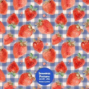 Pode incluir: Um padrão contínuo com morangos vermelhos em estilo aguarela com folhas verdes sobre um fundo axadrezado azul e branco. Um emblema circular azul no centro contém o texto Seamless Pattern 300 DPI JPEG Pattern Confetti.