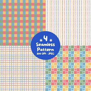 May include: A digital graphic featuring four distinct seamless patterns: a colorful gingham check, vertical wavy stripes, a thin grid, and a checkerboard with small flower icons. A blue circular overlay displays the text 4 Seamless Pattern 300 DPI - JPEG.