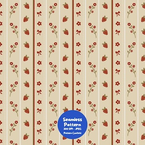 May include: A seamless pattern featuring vertical stripes on a beige background. The design includes repeating motifs of red strawberries, small red flowers on green stems, and red bows. A blue circular overlay contains the text Seamless Pattern 300 DPI - JPEG Pattern Confetti.