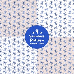 May include: A digital collection of four seamless patterns featuring watercolor-style blue bows. Two patterns include delicate white pearl strings on beige and white backgrounds, while two feature only blue bows on white and beige backgrounds. Text reads 4 Seamless Pattern 300 DPI - JPEG.