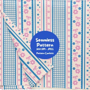 Pode incluir: Um padrão sem costuras com riscas verticais de xadrez vichy azul, laços cor-de-rosa e pequenas flores azuis e cor-de-rosa num fundo creme. Um círculo azul exibe o texto branco: Seamless Pattern, 300 DPI - JPEG, Pattern Confetti.