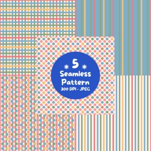 Pode incluir: Uma coleção de cinco padrões digitais sem costura com grades, listras verticais e bolinhas coloridas em tons de azul, verde, amarelo e rosa. Um círculo azul central exibe o texto 5 Seamless Pattern 300 DPI - JPEG.