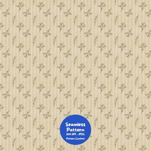 Pode incluir: Um padrão digital sem costuras com um motivo repetitivo de pequenos ramos verde-escuros dispostos em colunas verticais sobre um fundo castanho-claro com subtis riscas verticais. Um emblema circular azul exibe o texto Seamless Pattern 300 DPI JPEG.