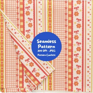 Pode incluir: Um padrão digital sem costuras com riscas verticais de xadrez vichy laranja e rosa, motivos florais, pequenos laços e estrelas sobre um fundo creme. Um círculo azul apresenta o texto Seamless Pattern 300 DPI - JPEG Pattern Confetti.