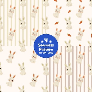 Pode incluir: Uma coleção de quatro padrões sem costura com coelhos de desenho animado em tons de creme e castanho. Alguns designs incluem riscas verticais ou cenouras cor de laranja. Um círculo azul central exibe o texto 4 Seamless Pattern 300 DPI - JPEG.