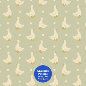 Pode incluir: Um padrão contínuo com ilustrações repetidas de patos brancos com bicos e patas cor de laranja sobre um fundo verde sálvia com pequenos pontos brancos. Um emblema circular azul exibe o texto Seamless Pattern 300 DPI - JPEG Pattern Confetti.