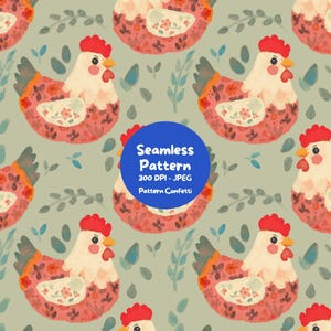 Pode incluir: Um padrão contínuo com ilustrações repetidas de galinhas com cristas vermelhas e corpos com motivos florais sobre um fundo verde sálvia. Um círculo azul sobreposto contém o texto: Seamless Pattern 300 DPI - JPEG Pattern Confetti.