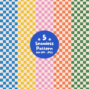 Watercolor Checkerboard Seamless Pattern Bundle, 5 Hand Painted Digital Papers, Colorful Gingham JPG, Instant Download