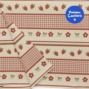 Farm Life Patchwork Gingham Seamless Pattern, Strawberry Cottagecore Digital Paper, Vintage Fabric Print JPG