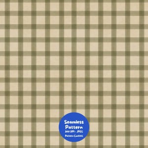 Pode incluir: Um padrão sem costuras com uma grelha de linhas verde-azeitona escuras que se cruzam sobre um fundo bege claro. Um emblema circular azul na parte inferior contém o texto branco: Seamless Pattern, 300 DPI - JPEG, Pattern Confetti.