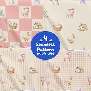 Pode incluir: Quatro padrões sem costura com ilustrações em aquarela de leitões com laços roxos, galinhas, cestas de ovos, pequenas casas e regadores. Os designs incluem fundos xadrez rosa, creme, listrados e quadriculados com texto 300 DPI JPEG.