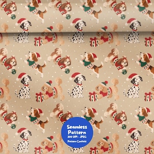 Pode incluir: Um padrão sem costura com ilustrações de cães em suéteres de natal e gorros de Papai Noel em um fundo bege com pontos brancos. Os cães incluem dálmatas e spaniels com presentes. O texto diz Seamless Pattern 300 DPI JPEG.