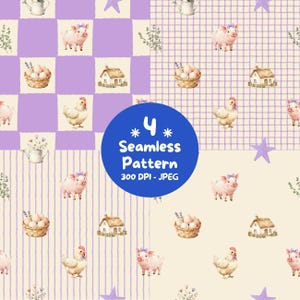 Farm Life Patchwork Pattern Bundle, Pig Chicken Egg Basket Cottagecore Seamless Digital Paper JPG Download