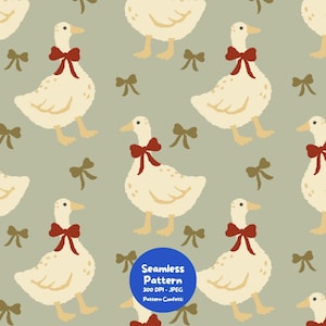 Pode incluir: Um padrão contínuo com ilustrações repetidas de gansos cor de creme usando laços vermelhos, intercalados com pequenos laços castanhos num fundo verde sálvia. Um emblema circular azul contém o texto Seamless Pattern 300 DPI - JPEG Pattern Confetti.