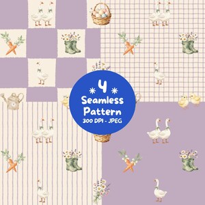 Pode incluir: Uma coleção digital de quatro padrões sem costura com ilustrações em aquarela de gansos brancos com laços verdes, cenouras, botas cheias de flores, cestas de Páscoa, regadores e pintinhos amarelos em fundos roxos e creme com o texto 4 Seamless Pattern 300 DPI - JPEG.