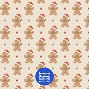 Pode incluir: Um padrão contínuo com biscoitos de gengibre usando gorros de Pai Natal vermelhos e laços verdes, intercalados com pequenos pontos vermelhos num fundo bege claro. Um círculo azul contém o texto Seamless Pattern 300 DPI JPEG.