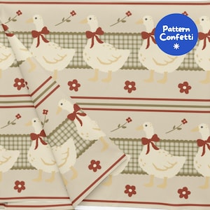 Può includere: Un tessuto beige con un motivo ripetuto di oche bianche con fiocchi rossi, intervallato da piccoli fiori rossi e strisce orizzontali. Un grafico circolare blu nell'angolo in alto a destra contiene il testo Pattern Confetti.