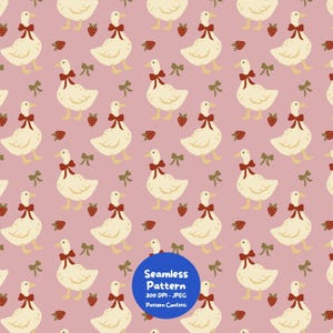 Silly Goose Seamless Pattern, Cute Goose Digital Paper, Cottagecore Nursery Fabric Design, Pink Coquette Bow JPG Download