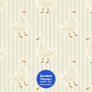 Pode incluir: Um padrão contínuo com ilustrações repetidas de gansos brancos com bicos e patas castanho-claras, cada um com um pequeno laço azul-claro à volta do pescoço, sobre um fundo de riscas verticais bege-claras e brancas.