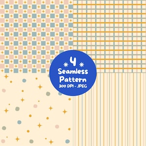 Pode incluir: Um conjunto de quatro padrões digitais sem costuras, incluindo um xadrez com estrelas douradas, uma grelha com linhas douradas e azuis, um fundo creme com estrelas douradas e pontos azuis, e um design com riscas verticais douradas e azuis.