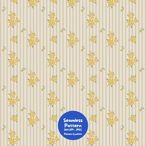 Op de afbeelding: Een naadloos digitaal patroon met een lichtbeige achtergrond en verticale bruine strepen. Het ontwerp is versierd met kleine, herhalende clusters van gele bloemen en groene bladeren. Een blauwe ronde badge toont de tekst Seamless Pattern 300 DPI - JPEG Pattern Confetti.
