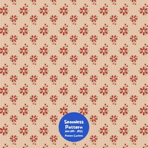Pode incluir: Um padrão contínuo com um design repetitivo de pequenas flores vermelhas com folhas verdes sobre um fundo castanho claro com riscas verticais finas. Um emblema circular azul exibe o texto Seamless Pattern 300 DPI JPEG.