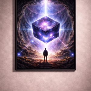 May include: A framed art print depicting a person standing before a glowing, cosmic cube. The cube is suspended in a celestial environment with swirling nebulae and bright light emanating from it. The artwork is framed in black.