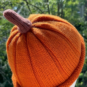 May include: A bright orange knitted beanie hat featuring a ribbed texture that mimics the appearance of a pumpkin. The hat is topped with a small, upright, brown knitted stem detail. The design is rounded and features a thick, folded brim.