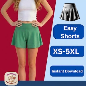 May include: Solid green high-waisted shorts with a flared silhouette. The image includes a graphic of the shorts, the text "Easy Shorts", "XS-5XL", and "Instant Download", along with a small logo featuring a duck and the text "Craft by Maroon".