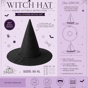 May include: A digital sewing pattern for a black witch hat on a light purple background. The image includes text, diagrams of the hat pieces, and size charts ranging from 46 to 61 cm. Icons for A4, US Letter, and A0 paper formats are displayed.