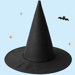 May include: A black pointed hat with a wide brim, featuring a felt-like texture. The hat is surrounded by small black bat silhouettes and tiny four-pointed stars in orange and light purple colours against a solid light blue background.